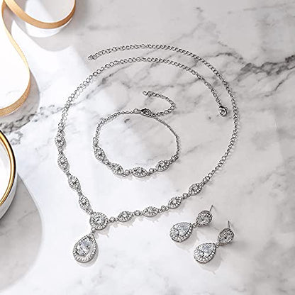 BriLove Wedding Bridal Jewelry Set for Women Cubic Zirconia Teardrop Y-Necklace Link Bracelet Dangle Earrings for Party Prom Accessories - color: Clear Silver-Tone