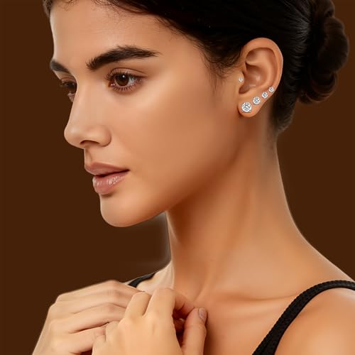 6 Pairs Cubic Zirconia Stud Earrings for Women/Men - Round Cut 4 Prong Settings 18K Gold Plated Hypoallergenic 3-8mm Clear Earrings Set - color: 3-7mm Wihte Gold - Round 4 Prong