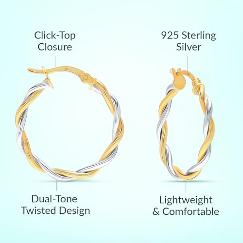 LeCalla Real 925 Sterling Silver Textured Two-Tone Three-Tone 14K Gold Plated Lightweight Italian Design Hoop Earrings for Women Diameter 25,30,40,45,50mm - color: Two-Tone Small-25mm