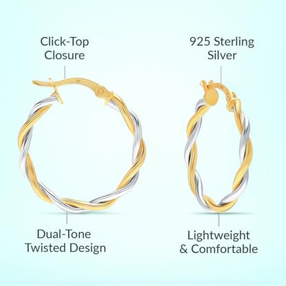 LeCalla Real 925 Sterling Silver Textured Two-Tone Three-Tone 14K Gold Plated Lightweight Italian Design Hoop Earrings for Women Diameter 25,30,40,45,50mm - color: Two-Tone Small-25mm