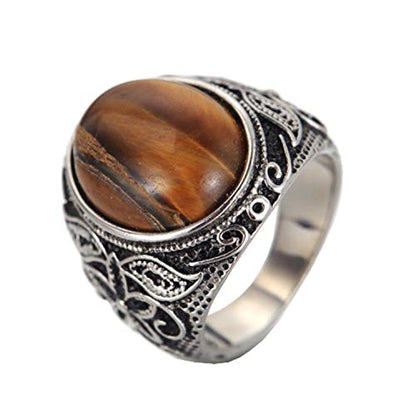 Retro Unisex Stainless Steel Oval Gemstone Hollow Flower Carved Signet Ring - color: Silver-Brown