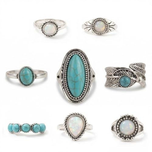 Airvess Vintage Knuckle Rings Set, Chunky Turquoise Stackable Rings, Silver Joint Finger Stacking Rings, Bohemian Western Jewelry for Women - style: 8 Pcs