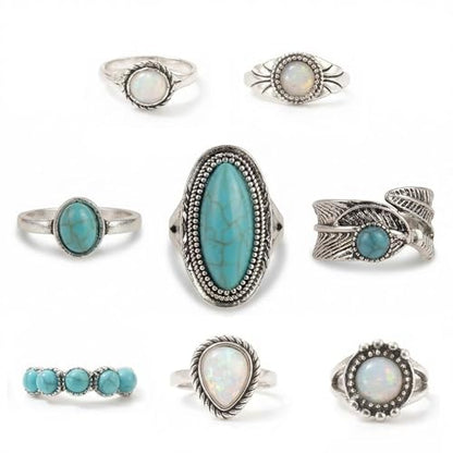 Airvess Vintage Knuckle Rings Set, Chunky Turquoise Stackable Rings, Silver Joint Finger Stacking Rings, Bohemian Western Jewelry for Women - style: 8 Pcs