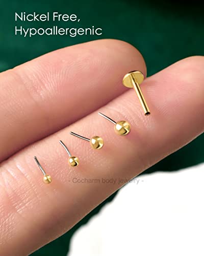 COCHARM 14K Solid Gold Helix Cartilage Tragus Earring Stud 16g Yellow Gold Threadless Tragus Cartilage Helix Conch Piercing Jewelry Flat Back Lip Labret Medusa Monroe Piercing Stud - color: 2.5mm Top, size: 8mm Length