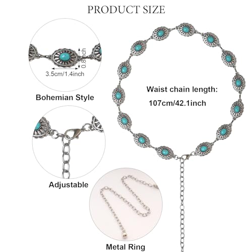 Fumwase 4 Pieces Bohemian Turquoise Jewelry Set Chain Waist Belt Turquoise Necklace Vintage Turquoise Dangle Earrings and Bracelet Western Jewelry for Women Vintage Retro Boho Jewelry Set (Fresh Style)