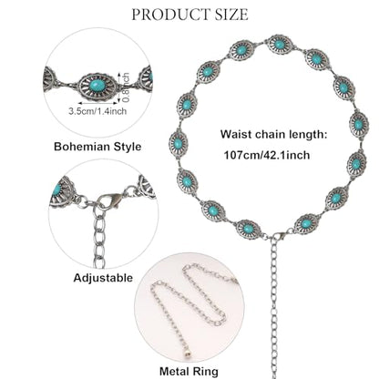 Fumwase 4 Pieces Bohemian Turquoise Jewelry Set Chain Waist Belt Turquoise Necklace Vintage Turquoise Dangle Earrings and Bracelet Western Jewelry for Women Vintage Retro Boho Jewelry Set (Fresh Style)