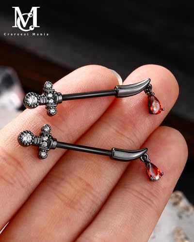 Sword Nipple Rings 316L Stainless Steel Dangle Nipple Piercing Jewelry 14G Dagger Nipple Barbells 14mm Nipple Piercing Rings - color: Black