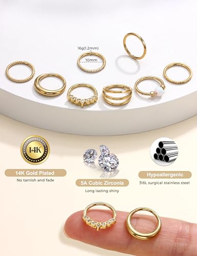 LOLIAS Septum Nose Rings Hoops - 316L Surgical Steel Septum Rings CZ Opal Silver 14K Gold Plated Hoop Nose Ring for Women 16G/18G Clicker Cartilage Earring Conch Daith Nostril Piercing Jewelry 8mm/10mm 8Pcs - color: 14K Gold, size: 16G 10MM