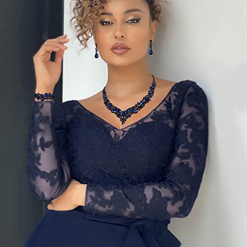 Wedding Bridal Jewelry Set for Women Bride Bridesmaids | Gorgeous Austrian Crystal Teardrop Cluster Statement Necklace Dangle Earrings Link Bracelet Set Prom Jewellery - color: 05-Sapphire Color Black-Silver-Tone