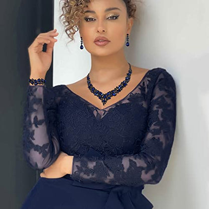 Wedding Bridal Jewelry Set for Women Bride Bridesmaids | Gorgeous Austrian Crystal Teardrop Cluster Statement Necklace Dangle Earrings Link Bracelet Set Prom Jewellery - color: 05-Sapphire Color Black-Silver-Tone