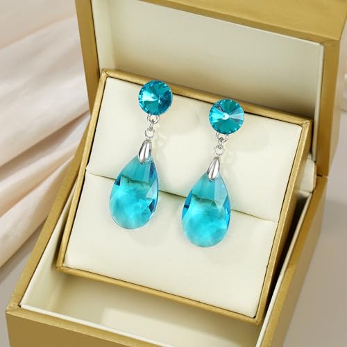 Round and Teardrop Crystal Stud Dangle Earrings Hypoallergenic Gold Plated Birthstone Drop Earrings Trendy Evening Prom Pageant Jewelry Gift for Women - color: light blue