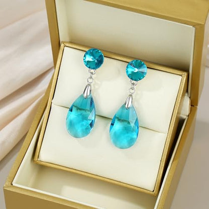 Round and Teardrop Crystal Stud Dangle Earrings Hypoallergenic Gold Plated Birthstone Drop Earrings Trendy Evening Prom Pageant Jewelry Gift for Women - color: light blue