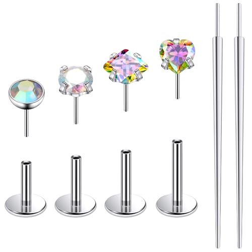Ruifan Titanium Flat Back Lip Rings Threadless Push in Earrings Studs Nose Rings 20G 18G 16G Round Heart Square CZ Tragus Cartilage Lobe Rook Helix Conch Labret Medusa Piercing Jewelry for Women Men - color: AB Colorful CZ, size: 20G-6/8/10mm