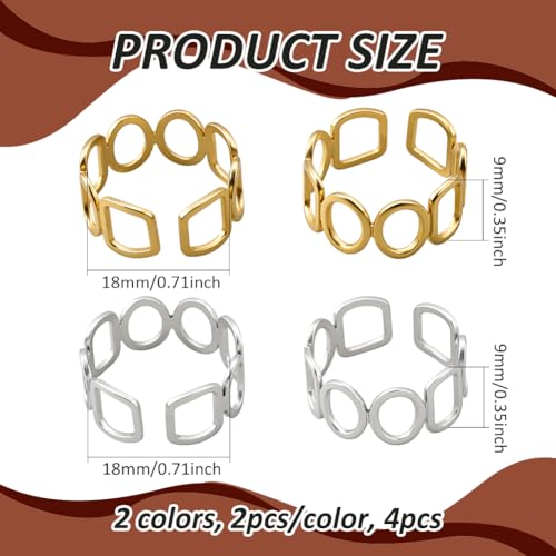 Geometric Heart Band Rings Gold Silver Stainless Steel Geometric Finger Rings with Hollow Circle Square Boho Thumb Open Statement Ring for DIY Women Party Decoration - style: Square, Round