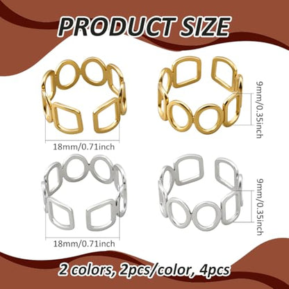 Geometric Heart Band Rings Gold Silver Stainless Steel Geometric Finger Rings with Hollow Circle Square Boho Thumb Open Statement Ring for DIY Women Party Decoration - style: Square, Round