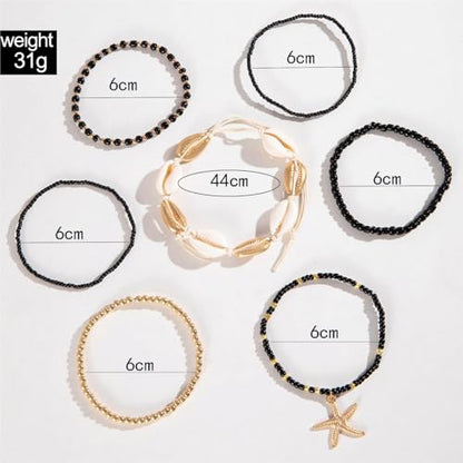 Bohemian Starfish Bracelets for Women - Adjustable Stackable Beach Bracelets, Handmade Stretchy Beaded Summer Jewelry, Perfect for Surf & Waterproof Fun - color: Black