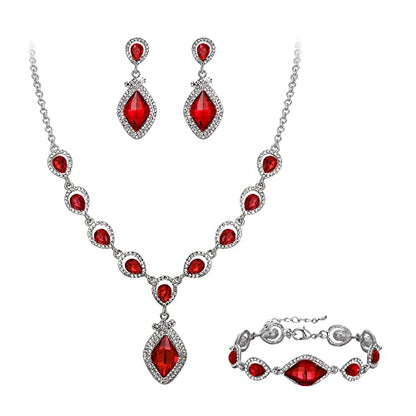 EVER FAITH Bridal Wedding Crystal Marquise Teardrop Pendant Necklace Earrings Bracelet Set for Prom - color: Red Silver-Tone