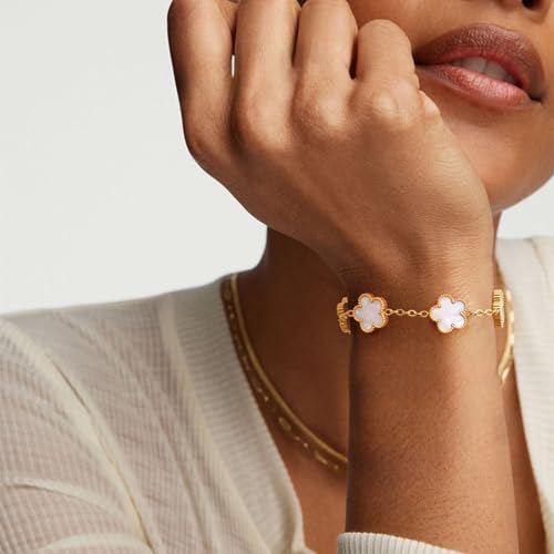 Women Gold Bracelets Jewelry Set - 3Pcs 18K Gold Plated Floral Bracelet,Stainless Steel Charm Bracelet Non-Tarnish,Adjustable Lucky Chain Trendy Gift,Christmas Valentines Birthday Gifts for Girlfriend - style: White