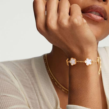 Women Gold Bracelets Jewelry Set - 3Pcs 18K Gold Plated Floral Bracelet,Stainless Steel Charm Bracelet Non-Tarnish,Adjustable Lucky Chain Trendy Gift,Christmas Valentines Birthday Gifts for Girlfriend - style: White