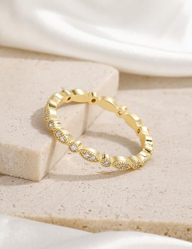 EAMTI 925 Sterling Silver Wedding Band for Women Cubic Zirconia Marquise & Round Milgrain Full Eternity Stackable Ring Size 3-13 - color: Brass-Gold