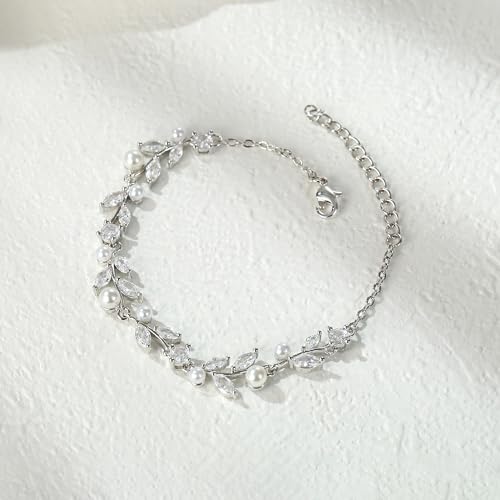 EVER FAITH Gorgeous Cubic Zirconia Pearl Wedding Link Bracelet for Bride | Marquise Teardrop Crystal Bridal Prom Jewelry, for Women Bridesmaids - style: Leaves_Clear Silver-Tone