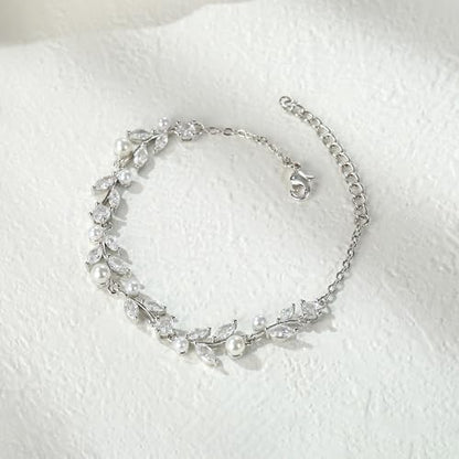 EVER FAITH Gorgeous Cubic Zirconia Pearl Wedding Link Bracelet for Bride | Marquise Teardrop Crystal Bridal Prom Jewelry, for Women Bridesmaids - style: Leaves_Clear Silver-Tone