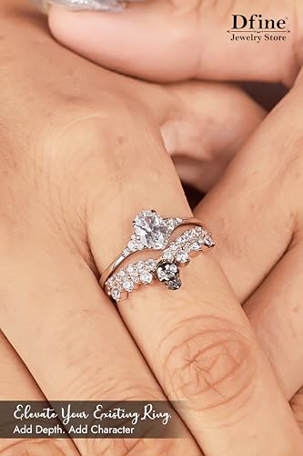 925 Sterling Silver Two Tone Skull Ring for Women Gothic Engagement Rings Enhancers Round 0.40CT AAA Cubic Zirconia Curved Wedding Band Size 3-10 - color: Silver+Gun Metal Finish