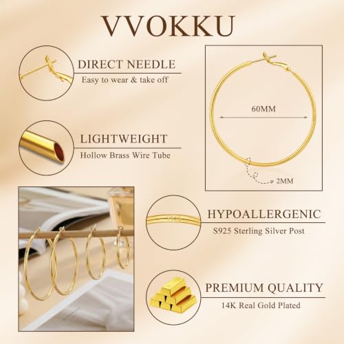 2MM S925 Sterling Silver Hoop Earrings Thin Gold Large Hoop Earring Lightweight Hypoallergenic Big Silver Thin Hoops Earring Gold Hoops Earrings for Women 30/40/50/60 MM - color: 60mm-Gold
