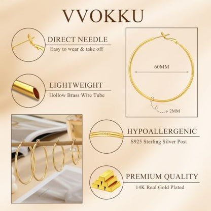 2MM S925 Sterling Silver Hoop Earrings Thin Gold Large Hoop Earring Lightweight Hypoallergenic Big Silver Thin Hoops Earring Gold Hoops Earrings for Women 30/40/50/60 MM - color: 60mm-Gold