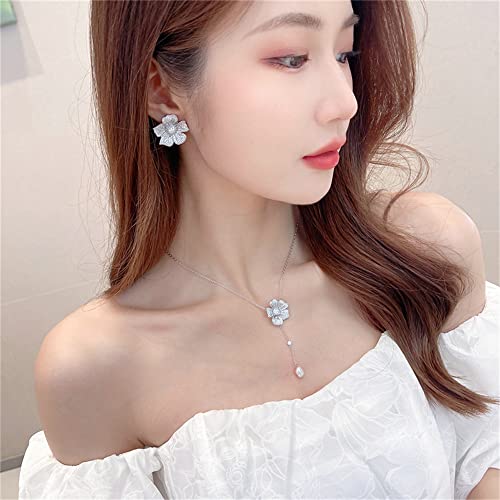 Crystal Flower Drop Y Necklace for Women Cubic Zirconia Diamond Shell Pearl Charms Pendant Choker Chain Adjustable Fashion Shiny Wedding Birthday Anniversary Jewelry Gift Box