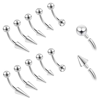 ZS 10Pcs 16G/18G Spike Eyebrow Piercing Jewelry, Internal Thread Curved Barbell Vertical Labret Lip Rings, Spike Tragus Helix Earrings Rook Nose Bridge Rings - color: A:curved barbell, size: 16g,L:10mm