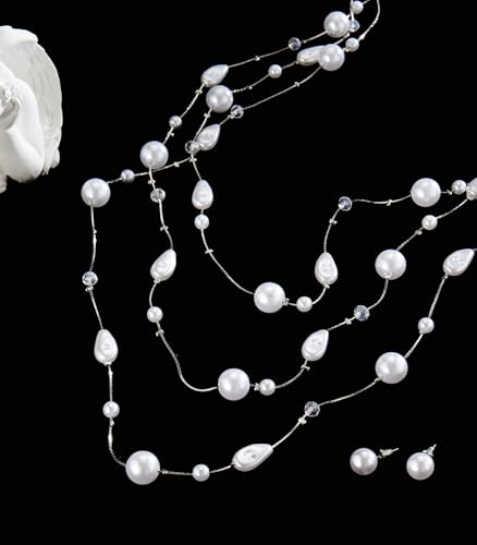 Errally Long Pearl Necklace and Earring Set Layered Pearl Beaded Necklaces for Women White Costume Jewelry Sets Gifts for Mom - color: Teardrop Shaped