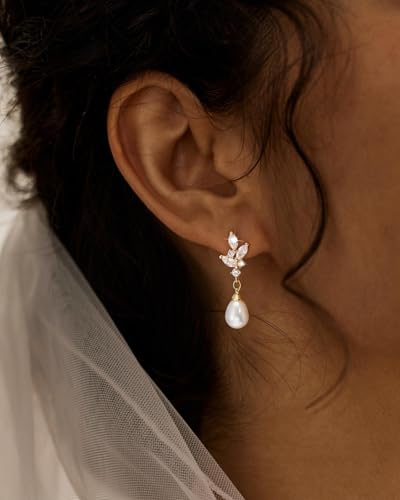 14K Gold Plated/Sterling Silver CZ Pearl Drop Dangle Earrings for Women - color: Gold-Pearl with CZ