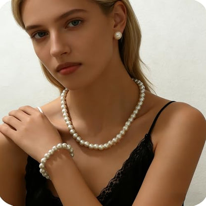 8mm Elegant Pearl Jewelry Set with Gold Chain, Classic White Faux Pearl Necklace, Bracelet and Stud Earrings, 3 Piece Wedding Formal Set
