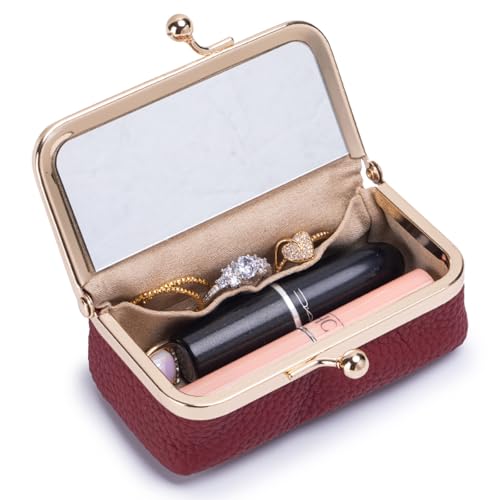Genuine Leather Travel Jewelry Box with Mirror – Vintage Kiss Lock Portable Mini Makeup Pouch – Holds Rings, Earrings, Necklaces, Bracelets, Lipstick, Coins, Earbuds – Great Gift for Her - color: Red, size: A