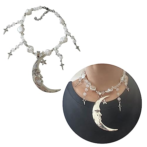 Handmade Crystal Moon Necklace Unique Alloy Star Pendant Clavicle Chain Choker, see picture for size, Metal, No
