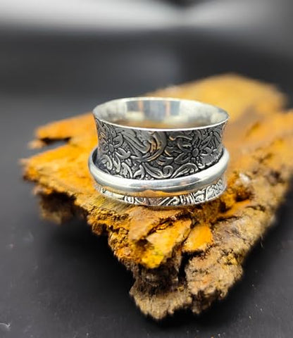 925 Sterling Silver Spinner Ring for Men & Women Engraved Floral Band Anxiety Relief Fidget Ring Meditation Ring Statement Jewelry Size 5 To 12