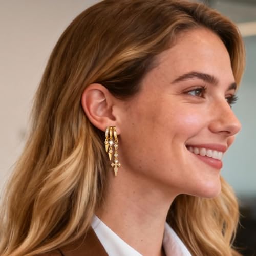 Clip On Earrings for Women Chain Moon Star Cross Hoop Dangle Earring No-Pierced Gold Silver - color: Cross,Gold tone