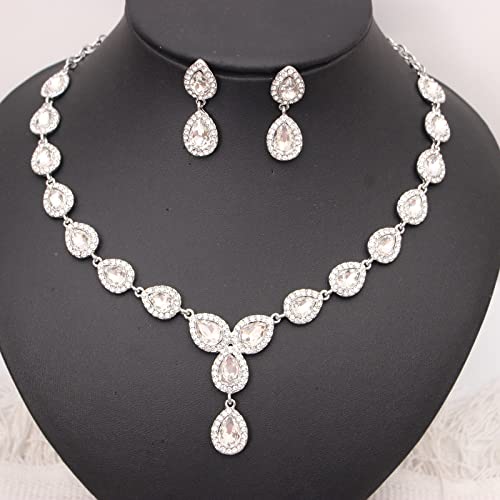 Austrian Crystal Rhinestone Necklace Dangle Earrings Link Bracelet Jewelry Set for Brides Bridesmaid Prom Costume Accessories for Women - color: White-Platinum Plated