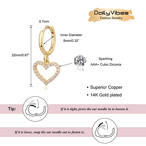 DAILY VIBES Cute Gold Mini Dangle Huggie Hoop Earrings for Women Trendy | 14K Gold Plated, Dainty Cubic Zirconia, Small Hoop Earrings with Charm Drop, Jewelry Gift for Women Ladies - color: Hollow Heart CZ