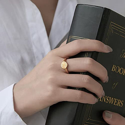 PCY Stainless Steel Round Signet Band Rings for men women Gold Silver Sunshine Pattern High Polished Stackable Hypoallergenic Wedding Cocktail Party Promise Statement Holiday Ring - color: GOLD