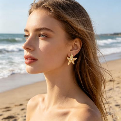 Gold Statement Earrings For Women, 14K Gold Plated Textured Geometric Drop Earrings - Hypoallergenic Stainless Steel Statement Earrings for Women, Waterproof Fan-Shaped Dangle Earrings for Beach & Daily Wear - color: Starfish CZ DKE252030GL