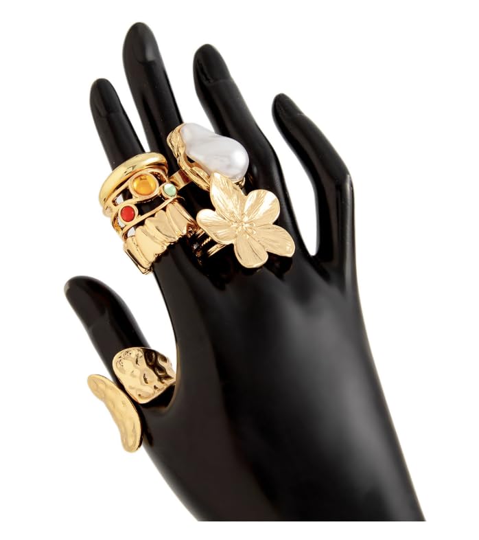 Gold Rings Set for Women 6Pcs Adjustable Open Band Rings Pack with Pearl Flower Leaf Textured Gem Design Alloy Stackable Chunky Statement Jewelry