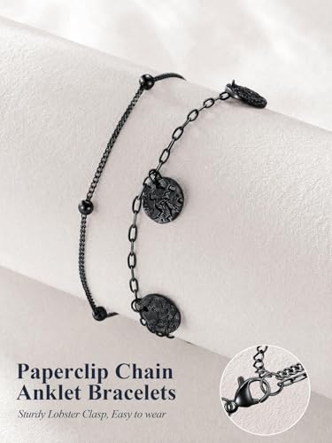 U7 Silver/Gold/Black Ankle Bracelets for Women Layered Chain Anklets | Stainless Steel Anklets Waterproof Summer Beach Anklet Charm, Adjustable 8.5"-10.5",Layered Anklet Fashion - color: Black - Ball Chain+Paperclip Chain