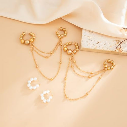 Multi Layer CCB Bead Chain Tassel Ear Cuff for Women Gold Tone Faux Pearl C Shaped Cartilage Clip On Huggie Earrings Lightweight Trendy Jewelry Gift