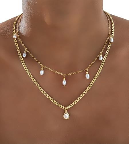 YEEZII Layered Gold Necklaces for Women Trendy, 3 Pcs 14K Gold Plated Choker Paperclip Box Chain Necklace, Stackable Women's Gold Pendant Necklaces Jewelry Set - color: Gold-3 Pcs-Pearl