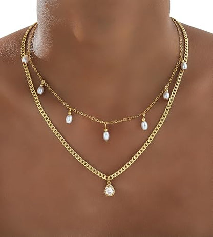 YEEZII Layered Gold Necklaces for Women Trendy, 3 Pcs 14K Gold Plated Choker Paperclip Box Chain Necklace, Stackable Women's Gold Pendant Necklaces Jewelry Set - color: Gold-3 Pcs-Pearl