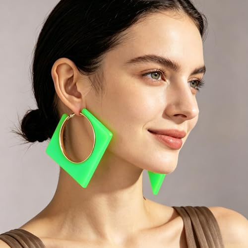 Colorful Large Hoop Earrings for Women Big Square Hollow Hoops Dangle Earrings Trendy Chunky Geometric Square Earring 80s 90s Neon Hoop Dangle Earrings - color: green