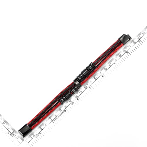 COOLSTEELANDBEYOND Mens Double-Row Braided Leather Bracelet Bangle Wristband with Black Stainless Steel Ornaments - color: F-Black Red
