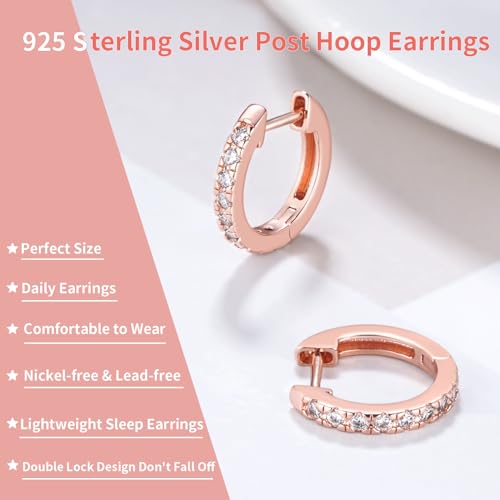 14K Gold Plated Hoop Earrings for Women with 925 Sterling Silver Post, Lightweight Small Hoop Earrings 15mm/20mm Huggie Hoop Earrings - color: CZ - 14K Rose Gold Plated, size: 15MM